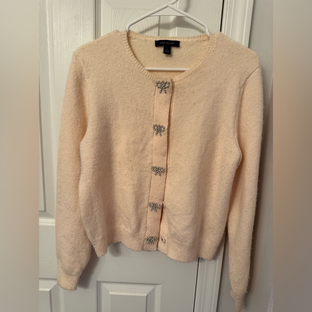 Ann Taylor Light Pink / Cream Cardigan with Bow Buttons